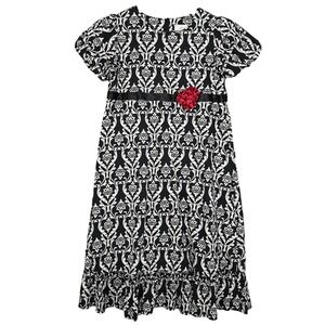 Hanna Andersson Dress Girls 150 12 Black White Damask Puff Sleeve Ruffle Party